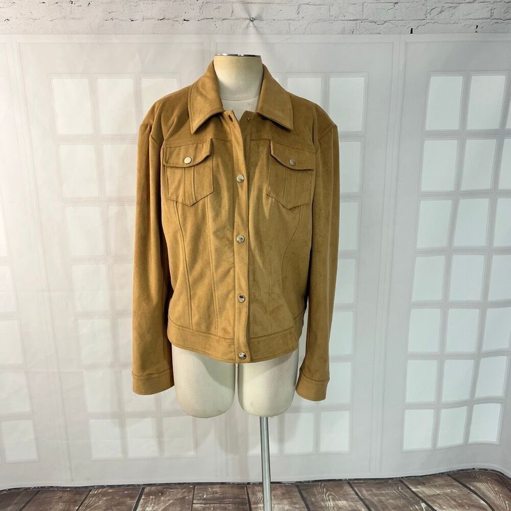 New York & Company Tan Suede Stretch Collared Button Front Trucker Jacket XL